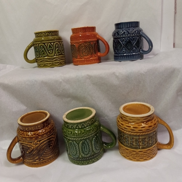 VINTAGE 6 Mugs Japanese Pottery Porcelain Ceramic Blue, Orange, Green, Brown,Tan - Picture 2 of 13
